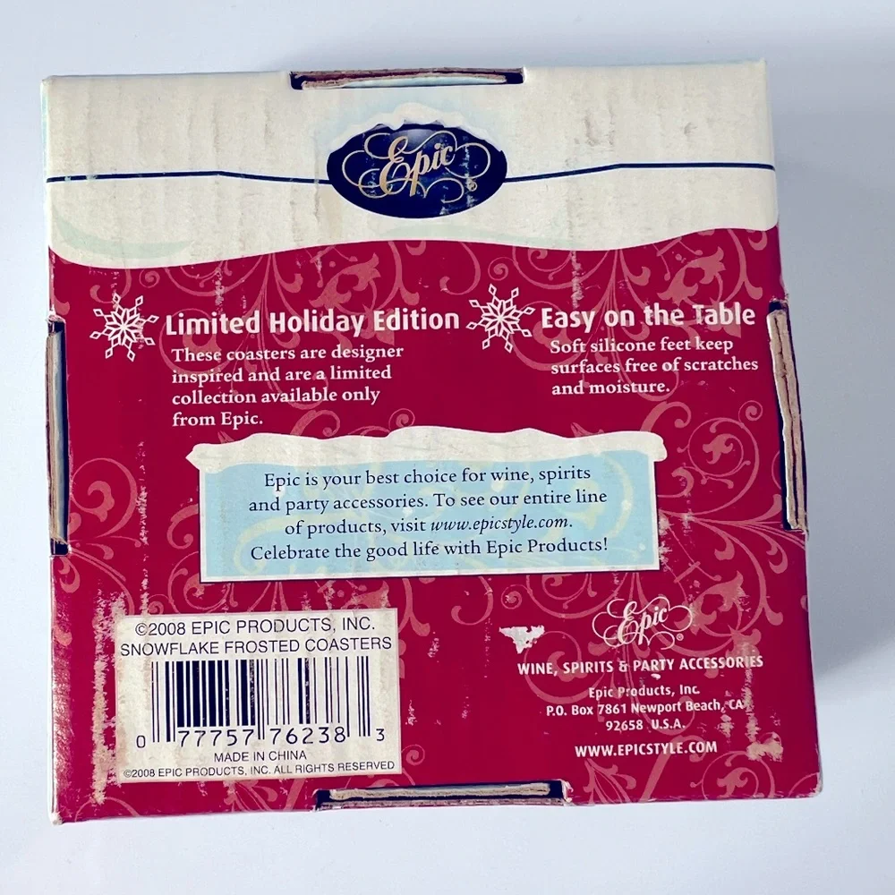 Four Different Clear Snowflake Holiday Coasters with Soft Silicone Feet by Epic.